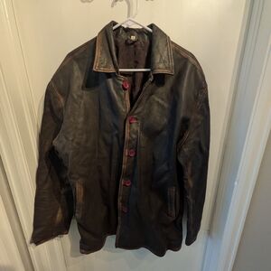 Men's Dark Brown Vintage Leather Jacket with Red Buttons